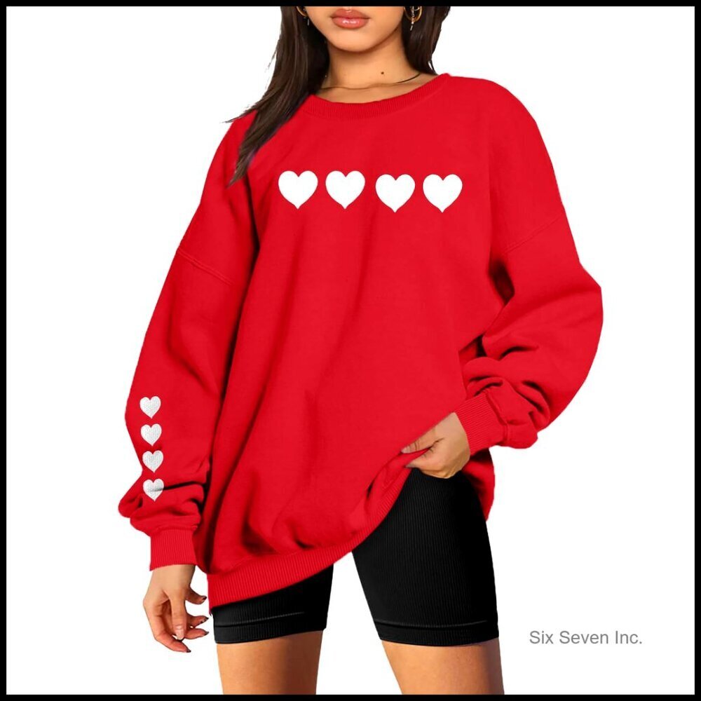 Oversized Love Heart Embroidered Sweatshirt Long Sleeve Crewneck Pullover Casual